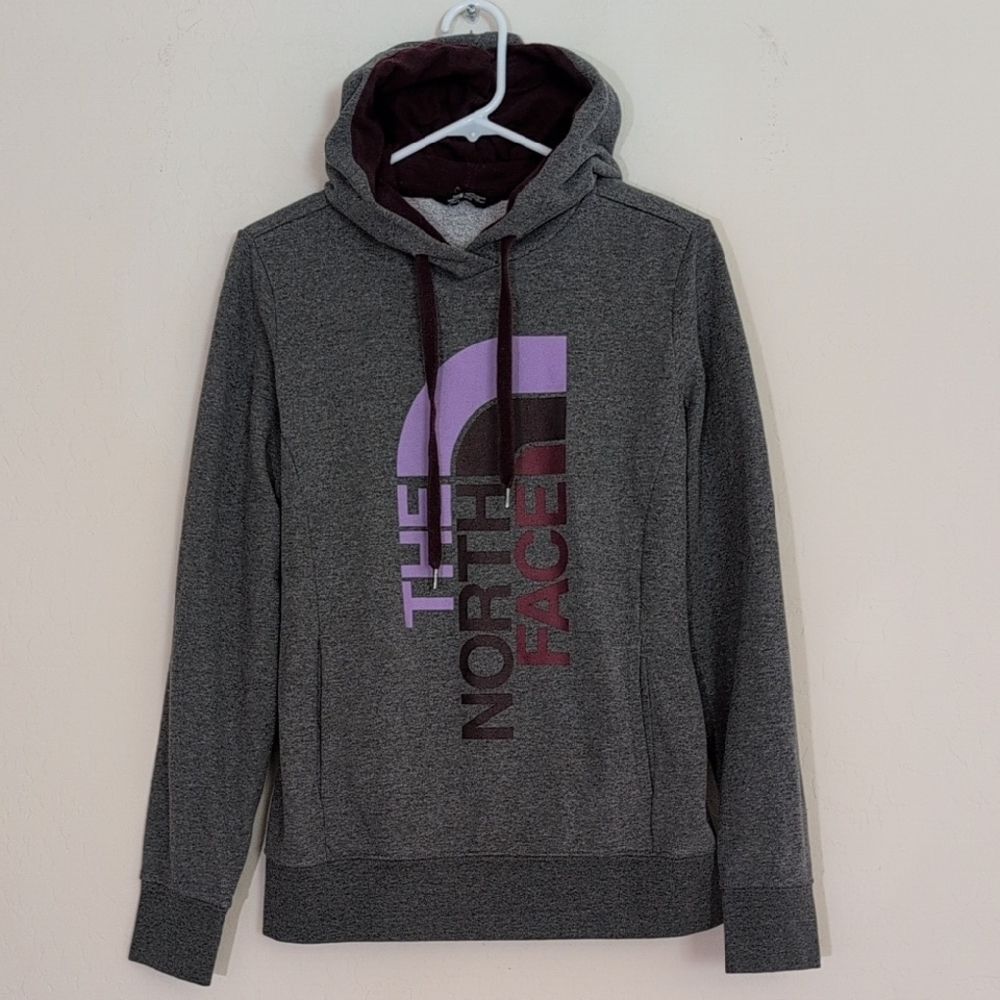 The North Face Women's Hoodie Gray Purple Maroon Hooded Logo Sweatshirt - Size M